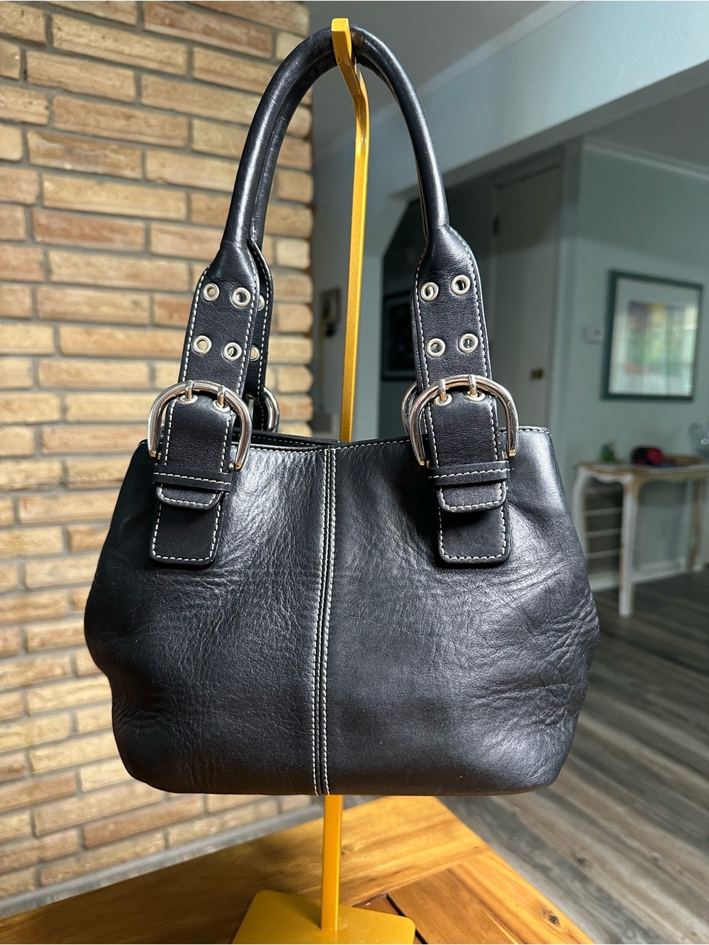 Clarks Soft Black Leather Shoulder Bag with Silver Buckle Accents